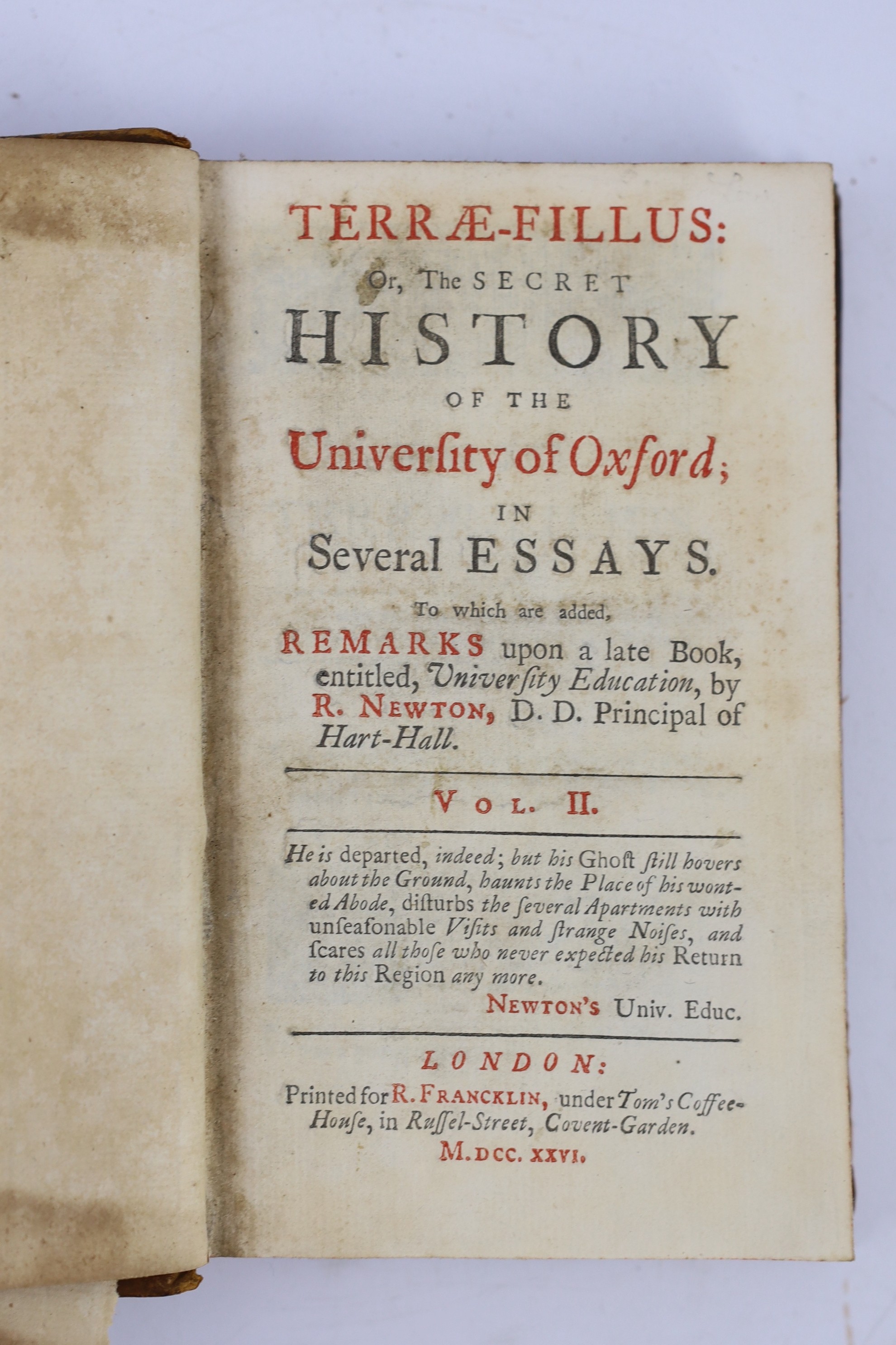 OXON: Pointer, John - Oxoniensis Academia: or, the Antiquities and Curiosities of the University of Oxford... rebound 20th cent. cloth, sm. 8vo. 1749; Terrae Filius: or, the Secret History of the University of Oxford; in